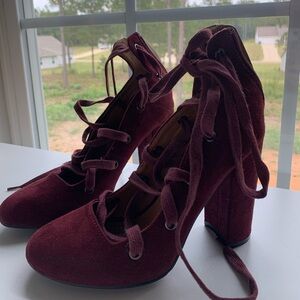 Yoki Burgundy Velvet Lace up Heels